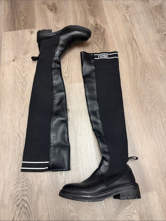 Fendi Shoes - Fendi Black Ribbed Over-the-Knee Leather Boots with Logo Trim